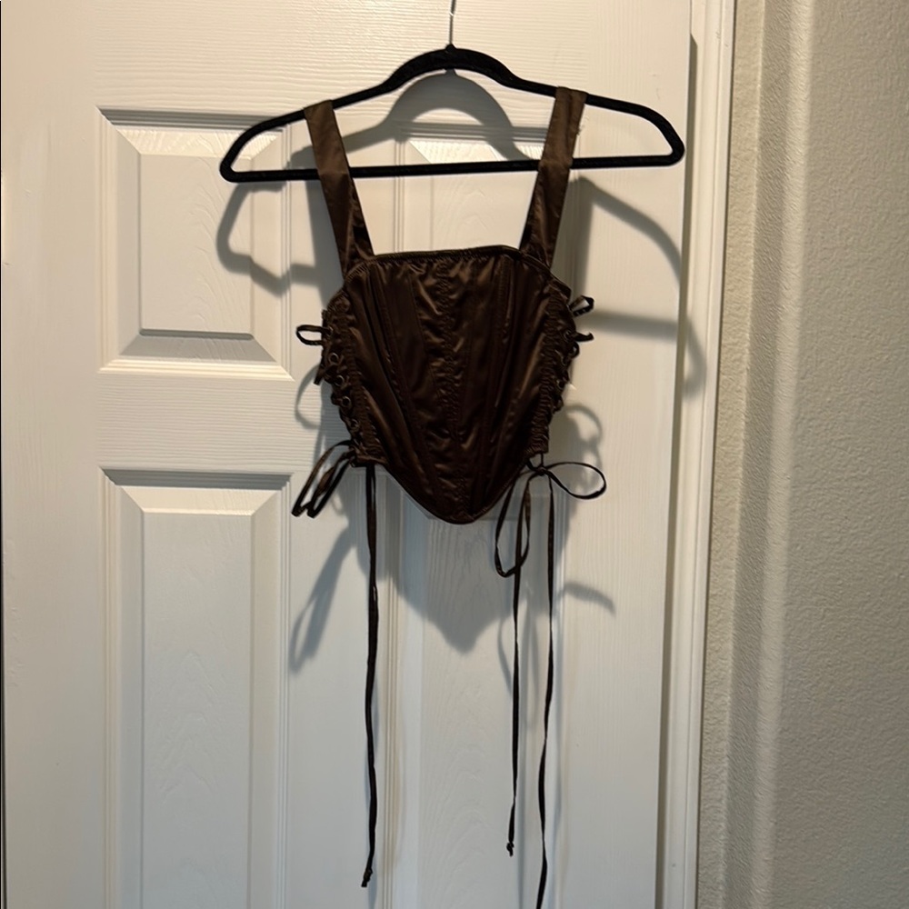 Brown Corset Bustier Top, Side Ties, Back Zipper